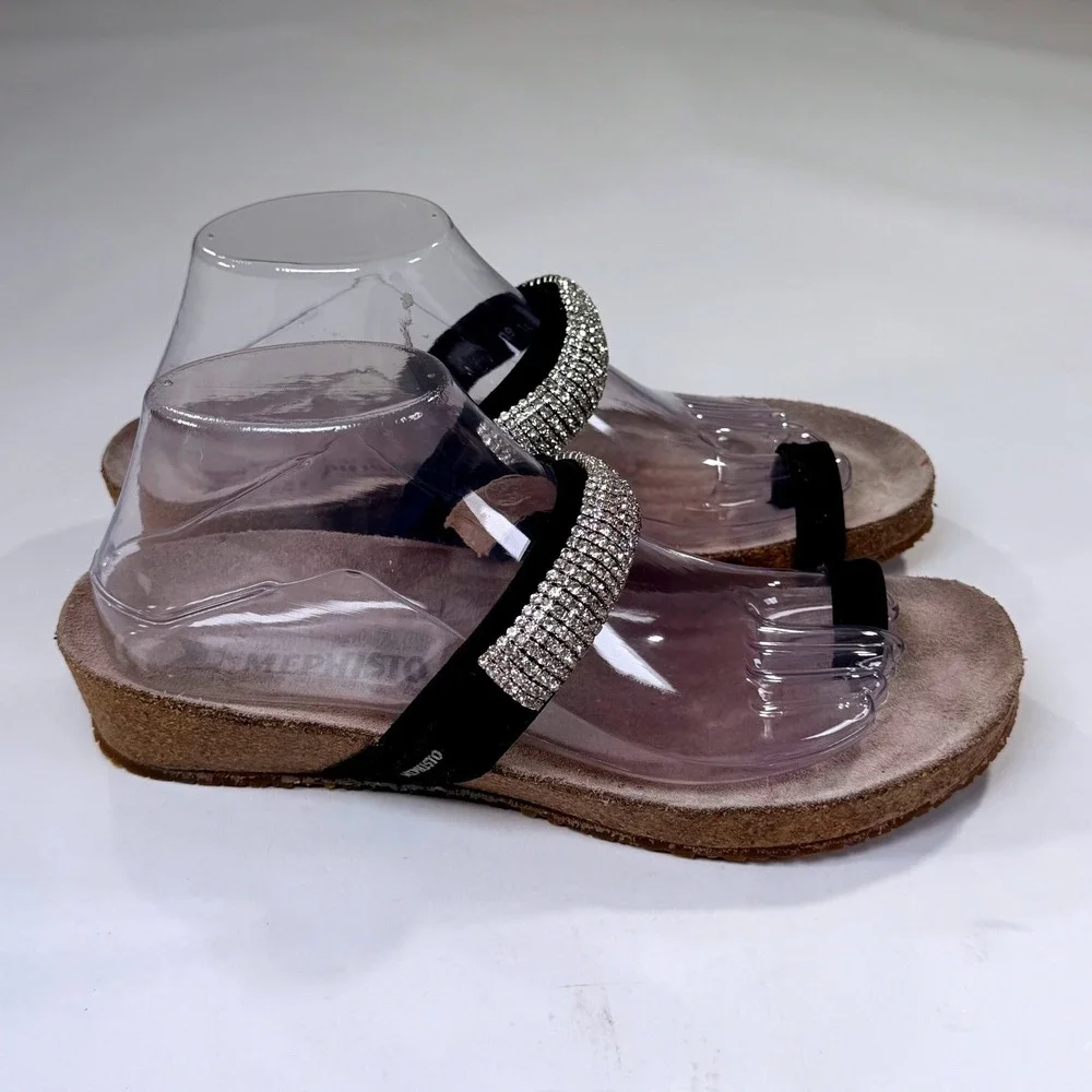 Mephisto Izabel Sandals Womens 40 Black Suede Rhinestone Embellished Cork Wedge